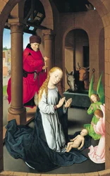 Die Geburt Christi, linker Flügel eines Triptychons der Anbetung der Könige, um 1470-72